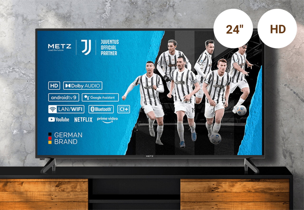 Telewizor METZ 24" z piłkarzami Juventusu, funkcje: HD, Dolby Audio, Android TV 9, Google Assistant, LAN/WIFI, Bluetooth, CI+, aplikacje: YouTube, Netflix, Prime Video, marka niemiecka.