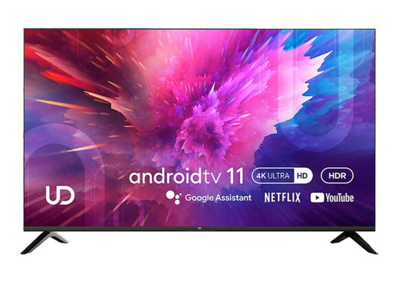 65-calowy TV z systemem Android TV 11, obsługujący Google Assistant, 4K Ultra HD, HDR, Netflix i YouTube.