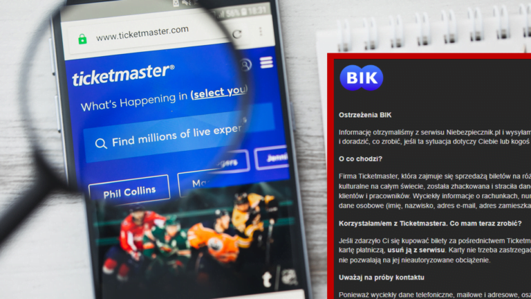 Ekran smartfona z witryną Ticketmaster oraz ostrzeżenie BIK o wycieku danych osobowych z serwisu Ticketmaster.