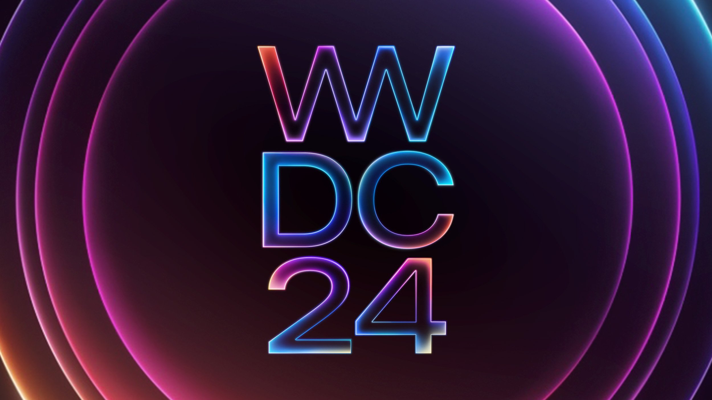 Logo WWDC 24 na ciemnym tle z kolorowymi świetlnymi pierścieniami.
