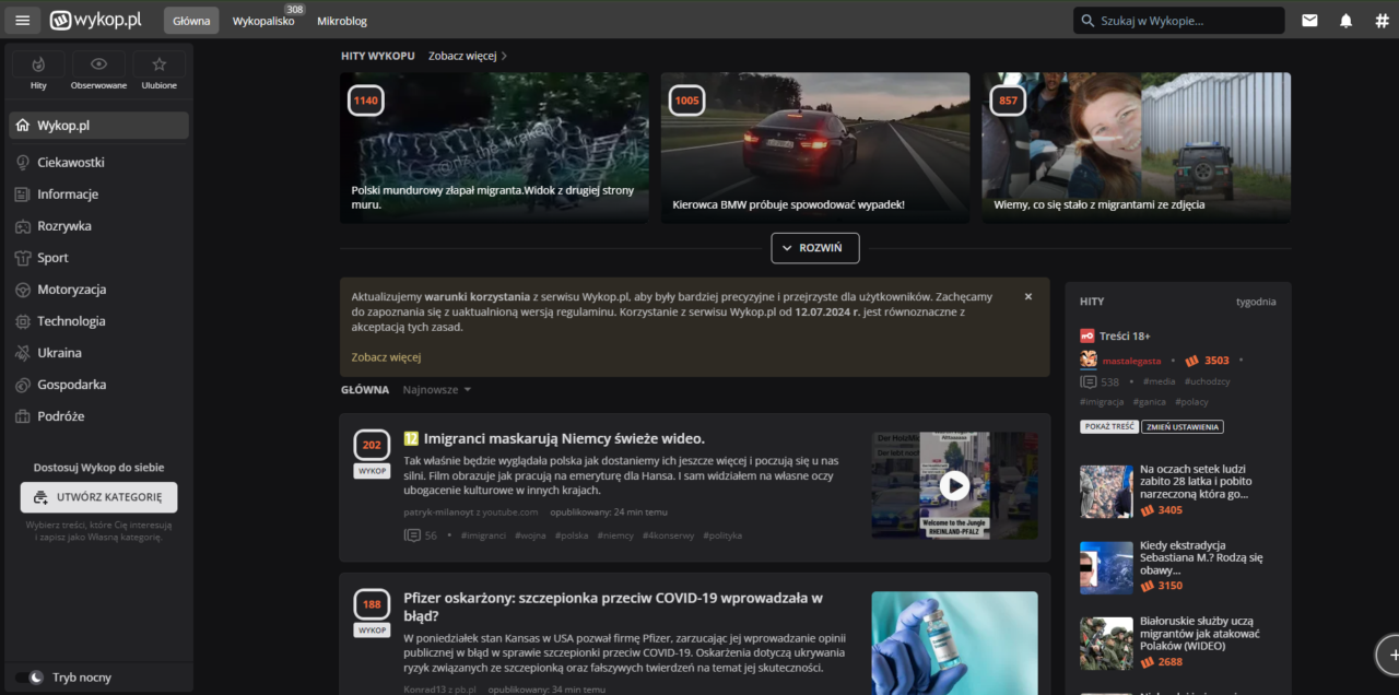 Zrzut ekranu serwisu Wykop.pl z główną stroną, menu bocznym i popularnymi wpisami.