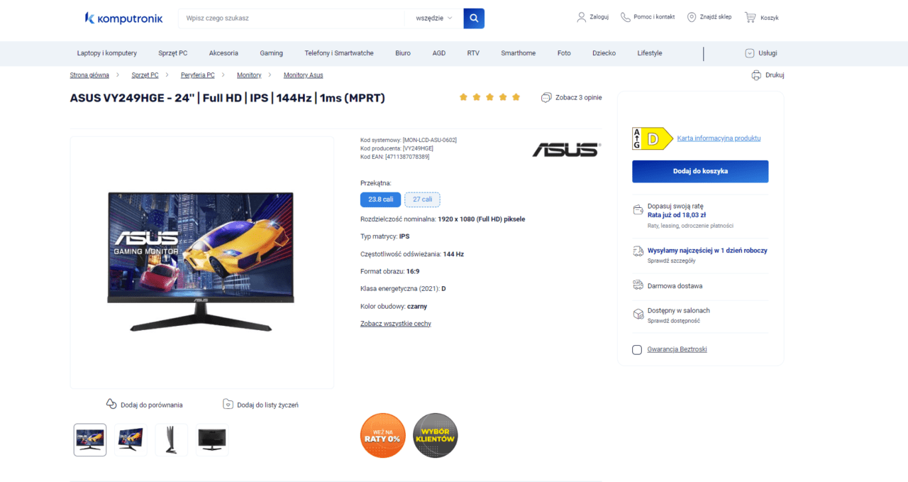 ASUS VY249HGE - 24" | Full HD | IPS | 144Hz | 1ms (MPRT) na stronie sklepu Komputronik.