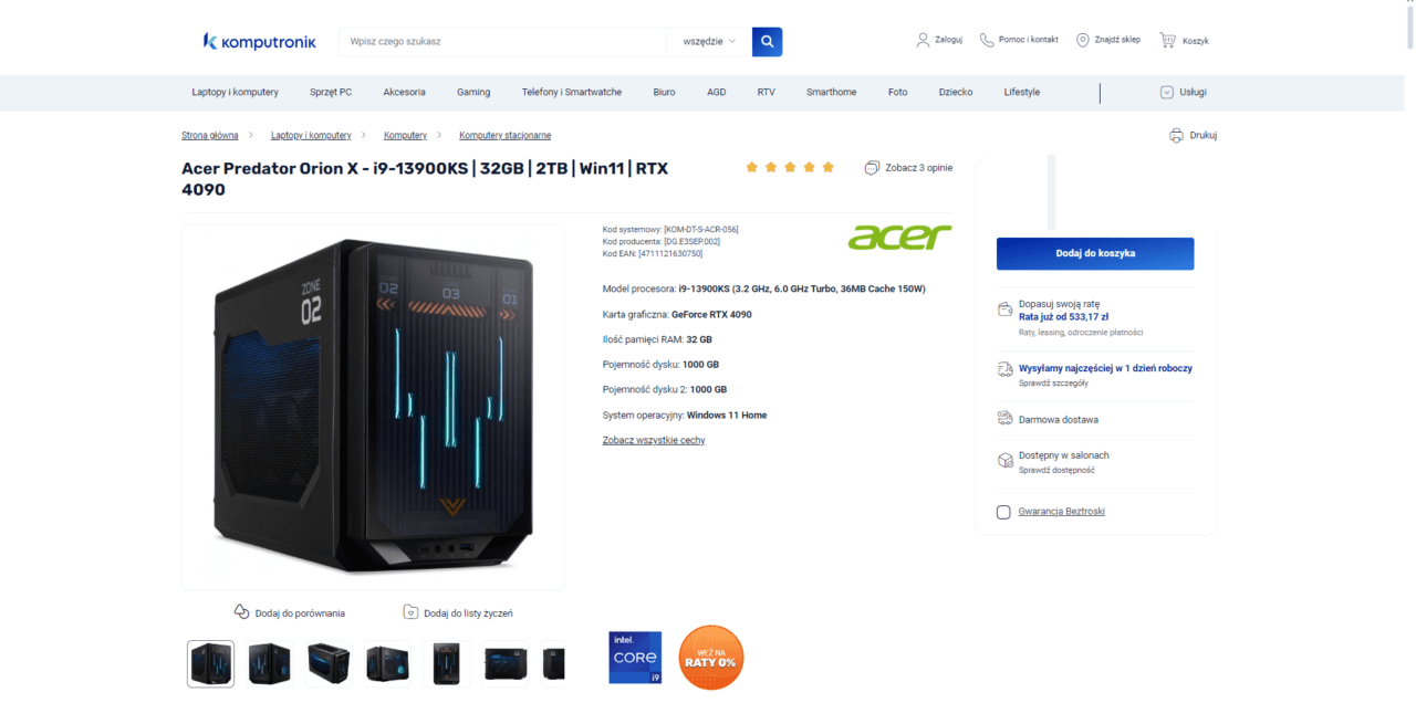 Potężny PC taniej o ponad 2000 złotych. Acer Predator Orion X - i9-13900KS | 32GB | 2TB | Win11 | RTX 4090 na stronie internetowej Komputronik.