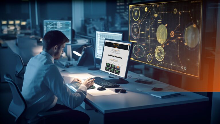 Osoba pracująca przy biurku z kilkoma ekranami komputerowymi w ciemnym, nowoczesnym biurze, z jednym monitorem wyświetlającym skomplikowany schemat techniczny.