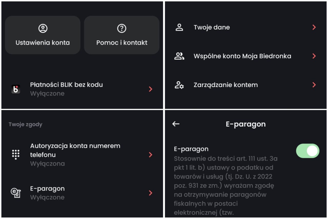 Ustawienia konta, Płatności BLIK bez kodu, Twoje zgody, Autoryzacja konta numerem telefonu, E-paragon, Twoje dane, Wspólne konto Moja Biedronka, Zarządzanie kontem.