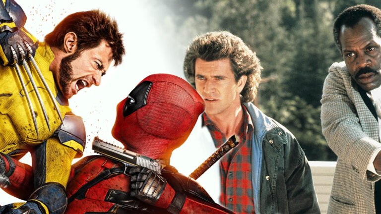Wolverine atakuje Deadpoola szponami, podczas gdy w tle dwie postacie, jedna celuje z broni.