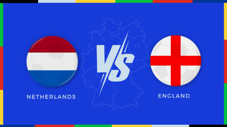 Holenderska i angielska flaga piłkarska na niebieskim tle z napisem "Netherlands vs England".