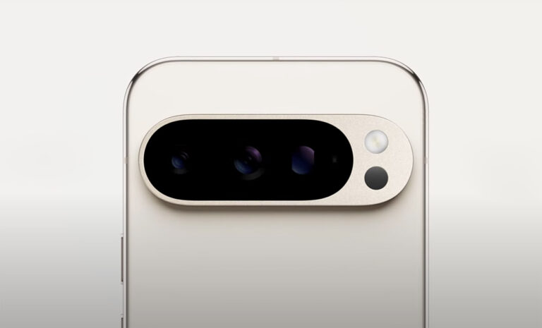 Tył smartfona Google Pixel 9 Pro z modułem kamery zawierającym trzy obiektywy oraz lampę błyskową.