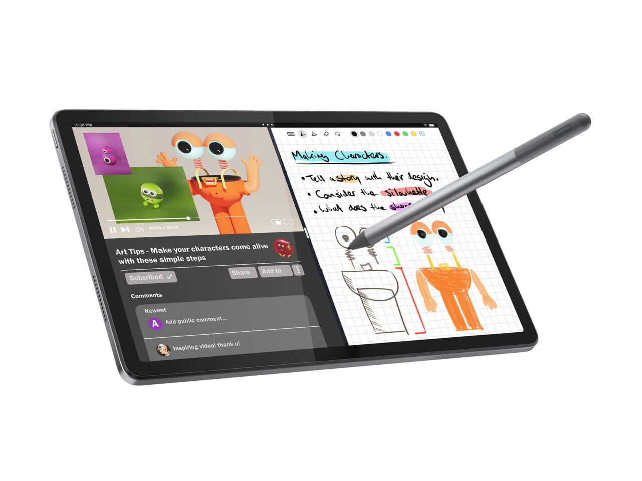 Lenovo wspiera edukację - Tablet z rysikiem, na ekranie widać kurs rysowania postaci oraz ręcznie sporządzone notatki z rysunkami.