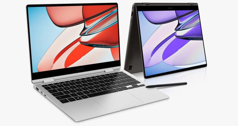 Dwa laptopy Samsung z dotykowymi ekranami, jeden w trybie laptopa, drugi w trybie namiotu, oraz rysik.