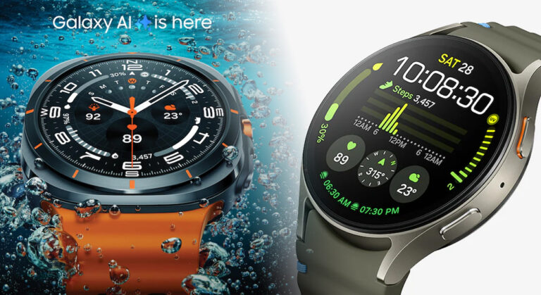 Dwa smartwatche Galaxy; jeden pomarańczowy zanurzony w wodzie, drugi zielony na białym tle.