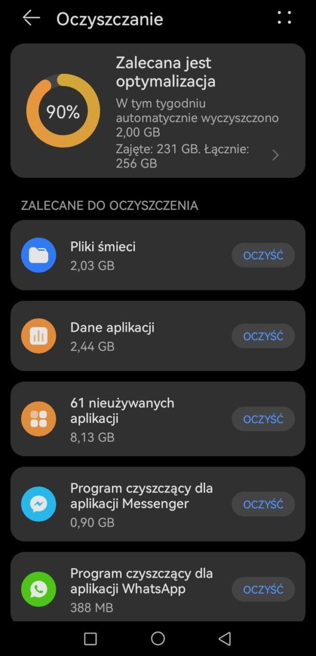 zrzut ekranu z telefonu Huawei, ustawienia telefonu, czyszczenie śmieci na smartfonie