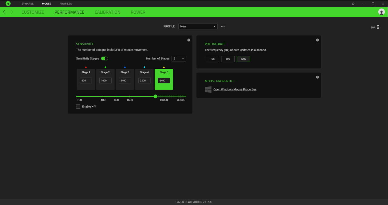 Ustawienia poziomów czułości myszki w oprogramowaniu Razer Synapse