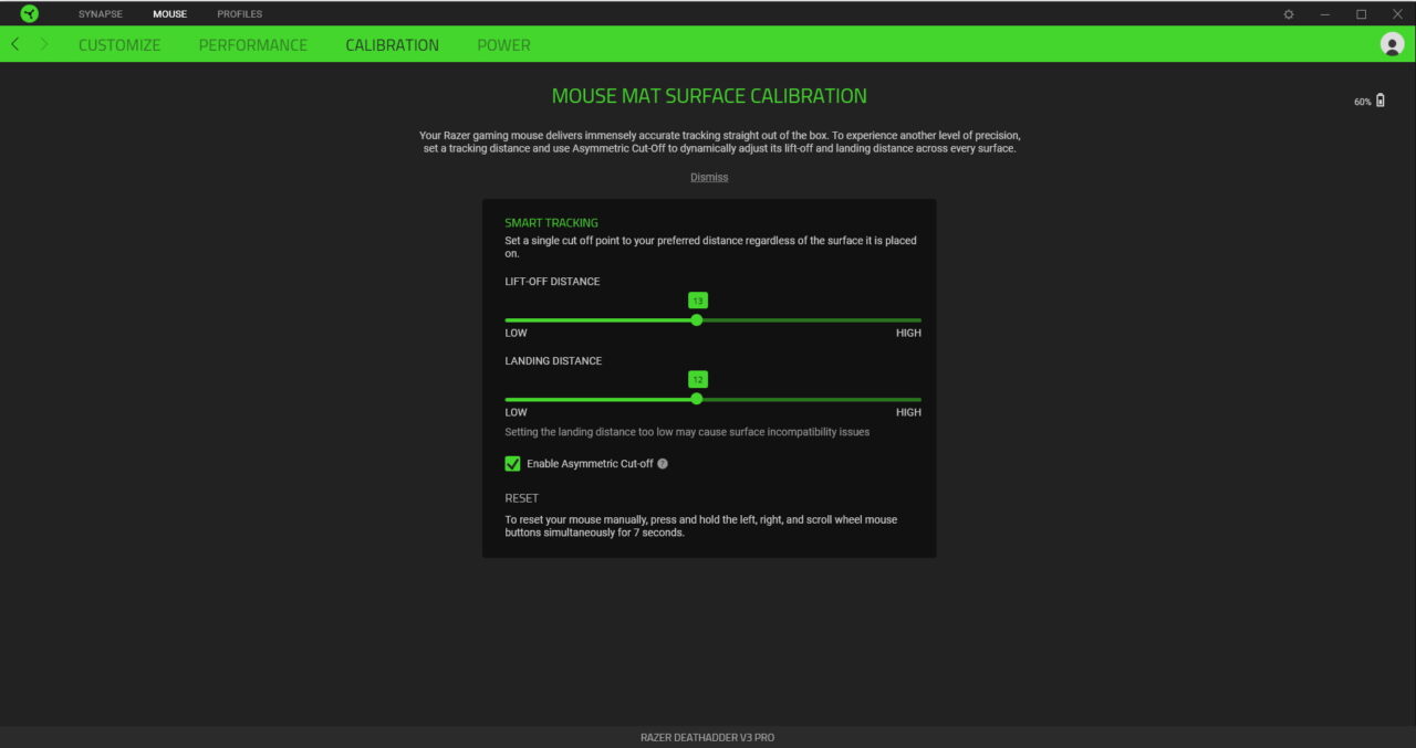 Razer Synapse i kalibracja sensora optycznego względem podkładki przy włączonej opcji Asymmetric Cut-Off