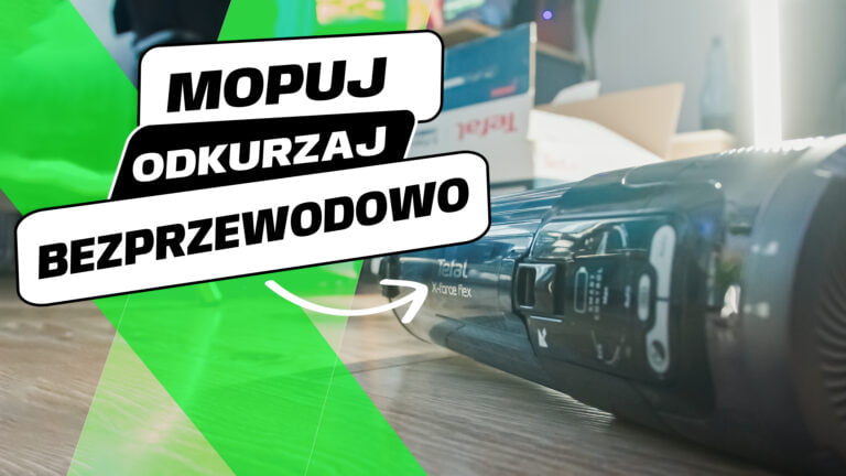 Zdjęcie bezprzewodowego odkurzacza Tefal X-Force Flex na podłodze z napisem "MOPUJ ODKURZAJ BEZPRZEWODOWO".