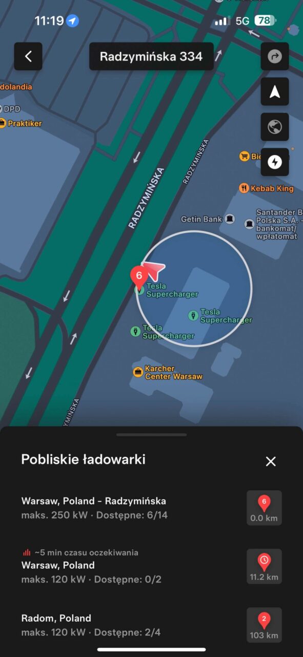 Mapka stacji ładowania Tesla Supercharger przy Radzymińskiej 334 w Warszawie.