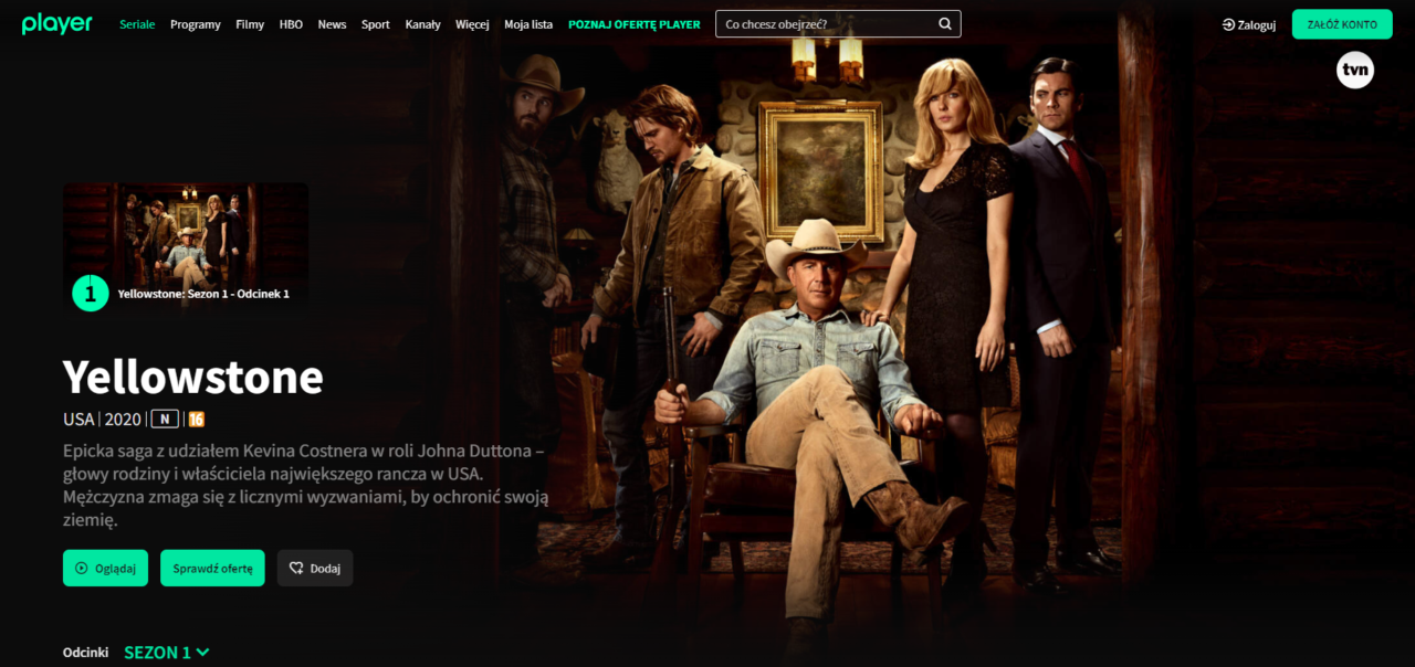 Zrzut ekranu z platformy Player przedstawiający serial "Yellowstone", z postaciami z serialu, opisem fabuły oraz opcjami oglądania.