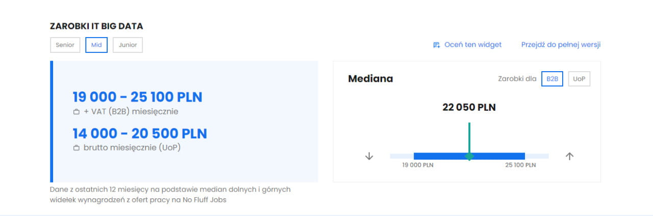 Zawód Big Data i zarobki. Mediana zarobków dla specjalistów IT w dziale Big Data na poziomie Mid: 19 000 - 25 100 PLN (B2B) lub 14 000 - 20 500 PLN (UoP).