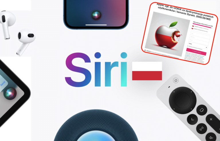 Logo Siri obok polskiej flagi, otoczone urządzeniami Apple: iPhone, iPad, AirPods, HomePod i pilotem Apple TV.