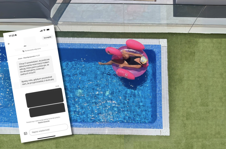 Osoba na różowym dmuchanym kole w basenie, zrzut ekranu wiadomości tekstowych na pierwszym planie.