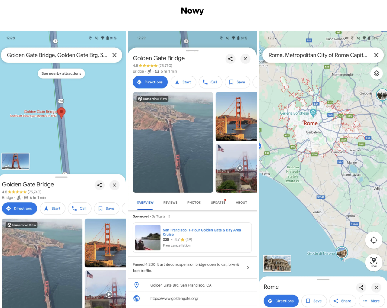 Zrzuty ekranu z map Google przedstawiające lokalizacje Golden Gate Bridge i Rzymu, z informacjami o wskazówkach dojazdu, ocenach i zdjęciach atrakcji turystycznych.