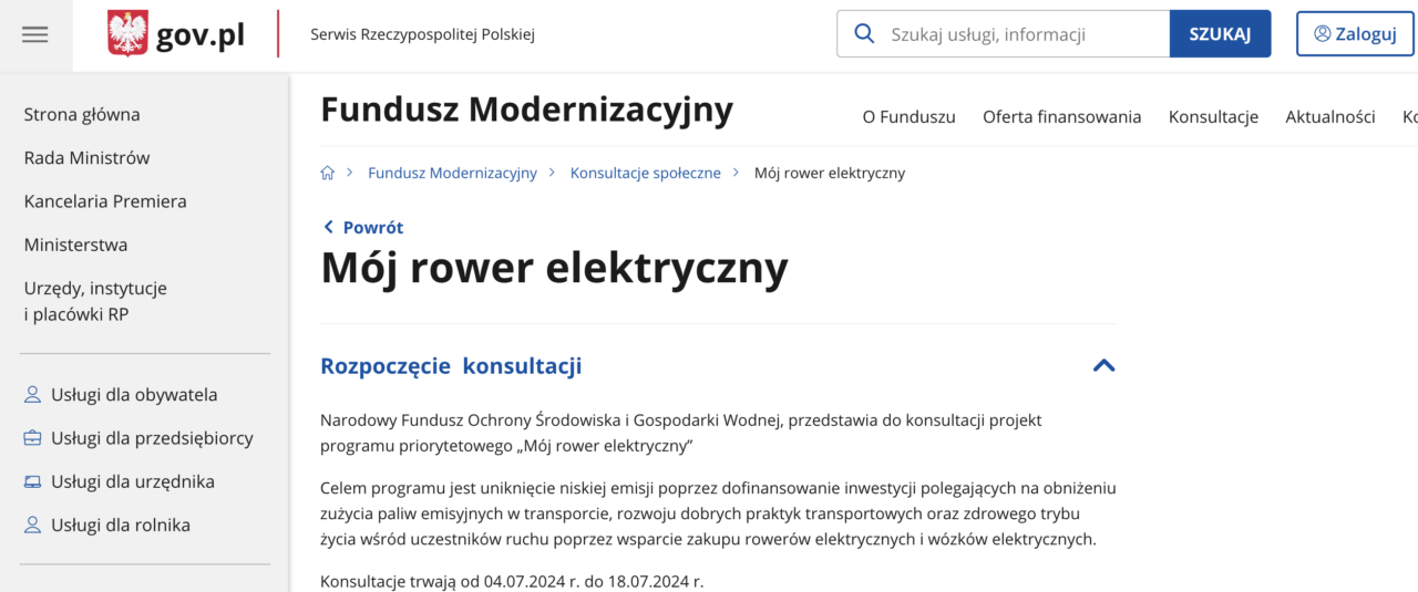 Fundusz Modernizacyjny - Mój rower elektryczny.