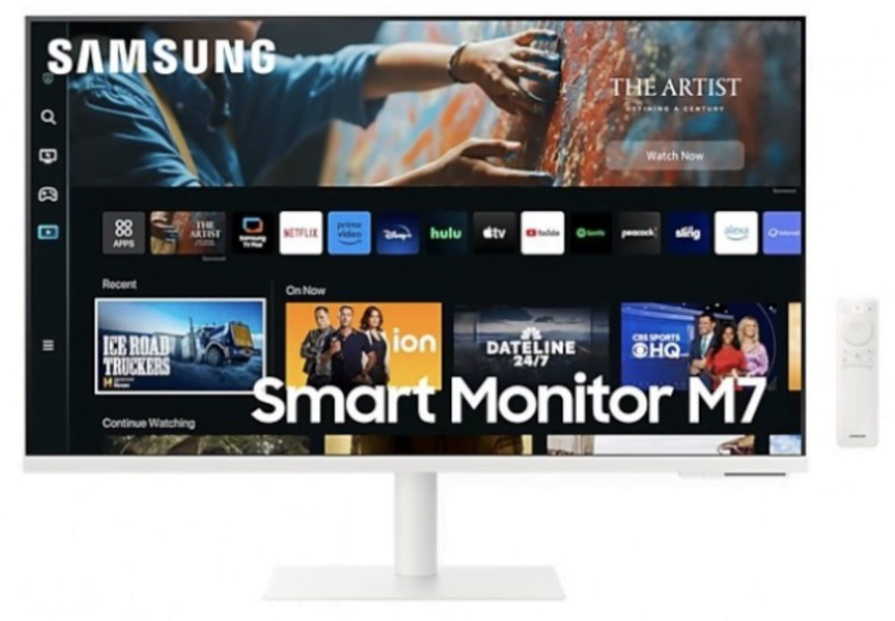 Monitor Samsung Smart Monitor M7 z wyświetlonymi aplikacjami i treściami.