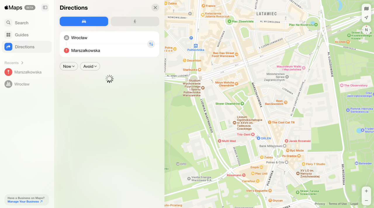 Mapa trasy z Wrocławia do Marszałkowskiej w Warszawie na Apple Maps.