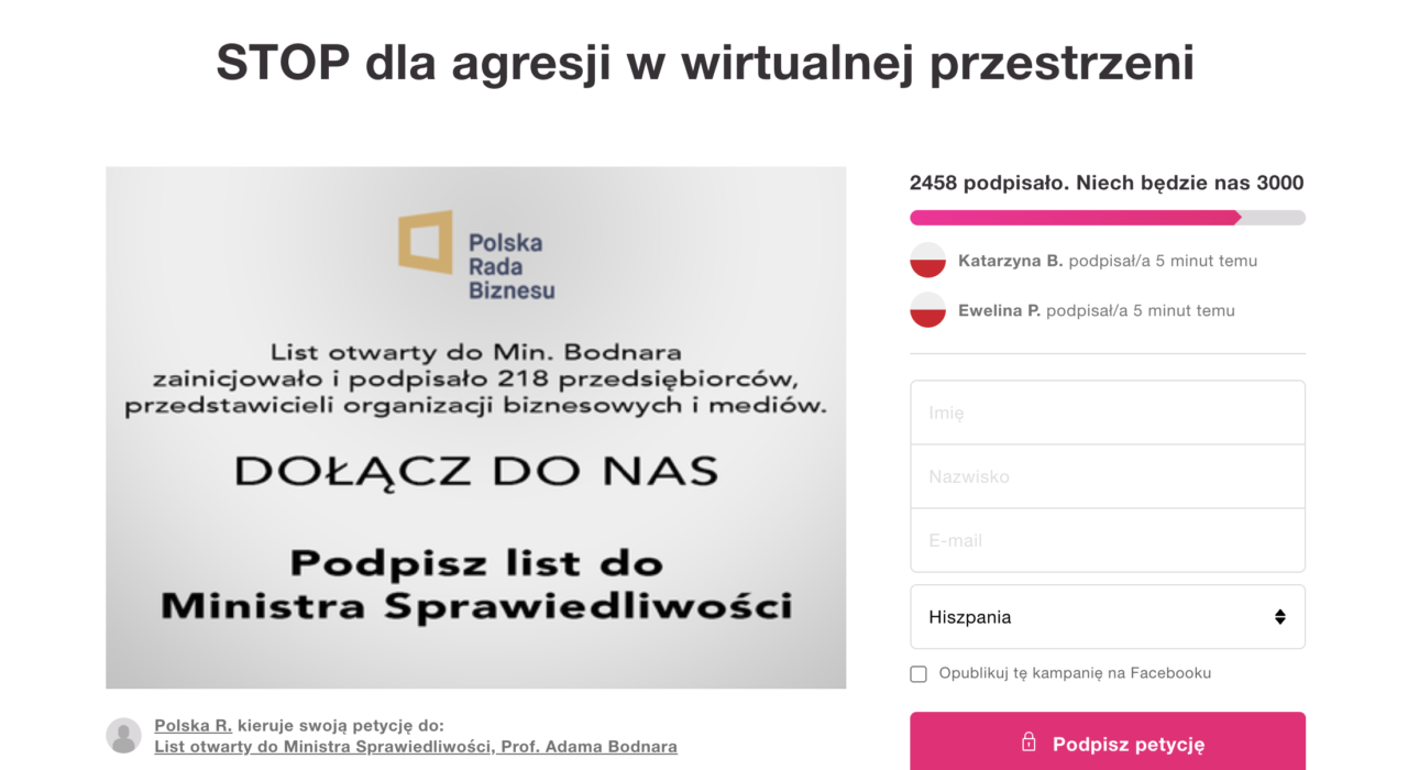 STOP dla agresji w wirtualnej przestrzeni. Dołącz do nas - podpisz list do Ministra Sprawiedliwości. Polska Rada Biznesu. Rafał Brzoska petycja