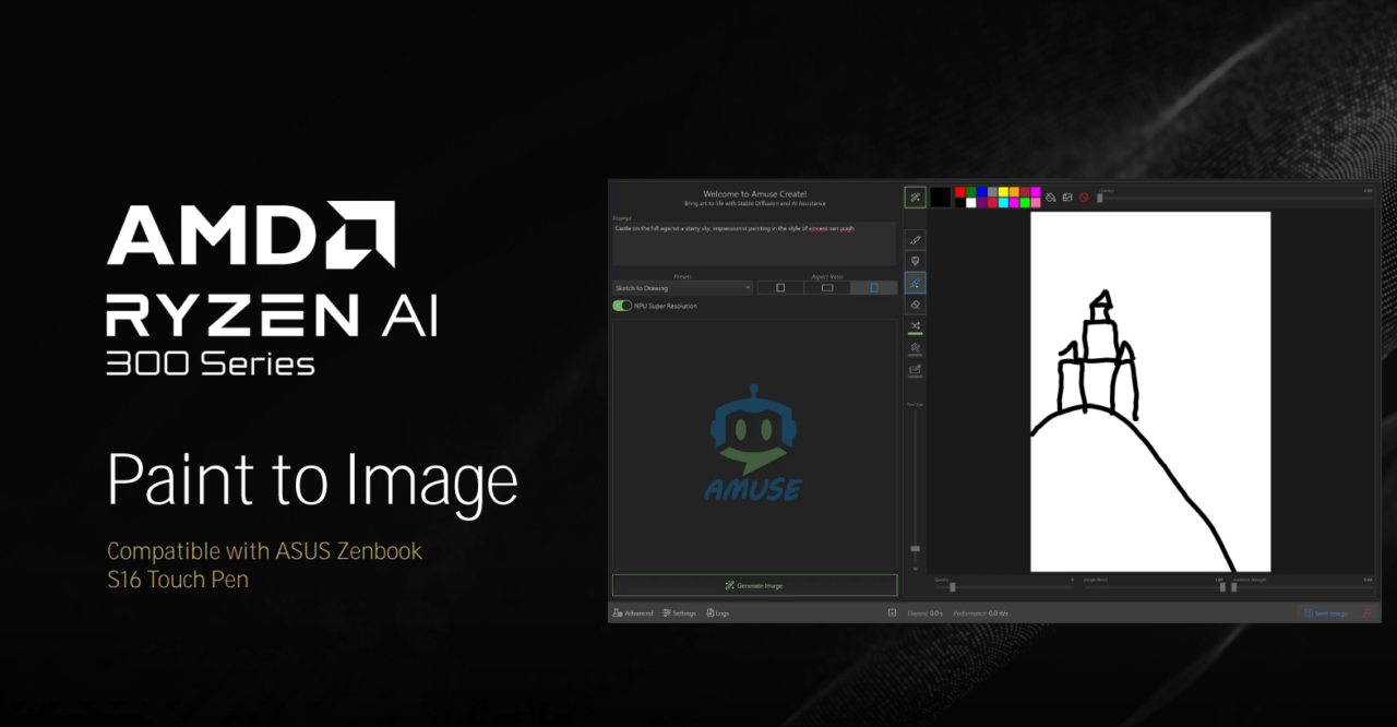 AMD Ryzen AI 300 Series, kompatybilny z ASUS Zenbook S16 Touch Pen, funkcja Paint to Image pokazująca rysunek zamku na wzgórzu.