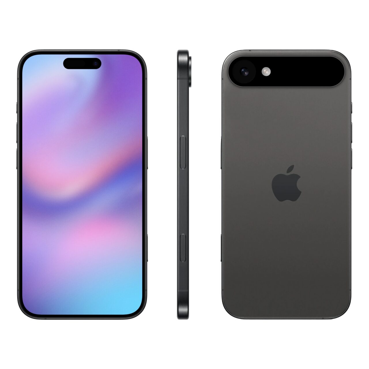 Smartfon z trzema widokami: przód z wyświetlaczem, bok i tył z logo Apple oraz aparatem fotograficznym.