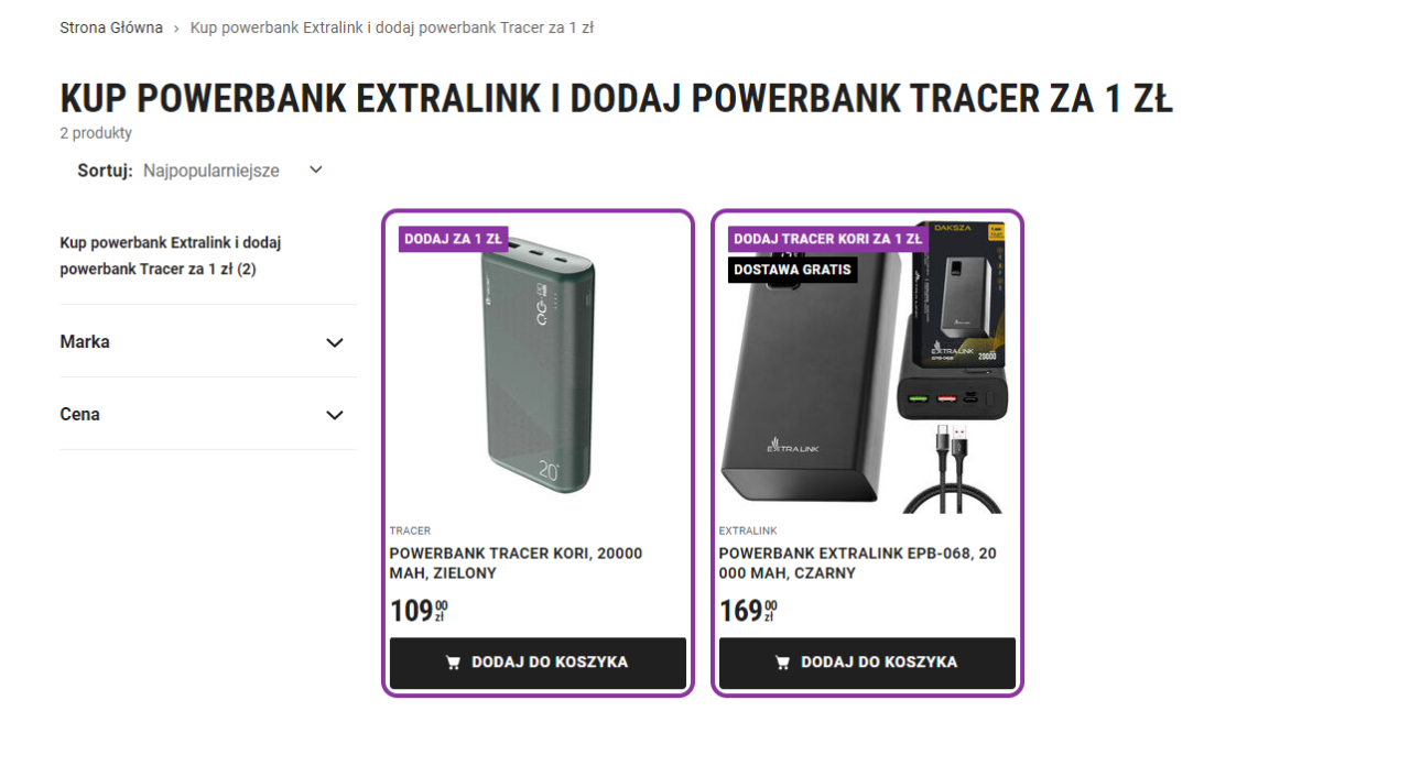 Strona sklepu internetowego z ofertami powerbanków Extralink i Tracer w sieci Biedronka.