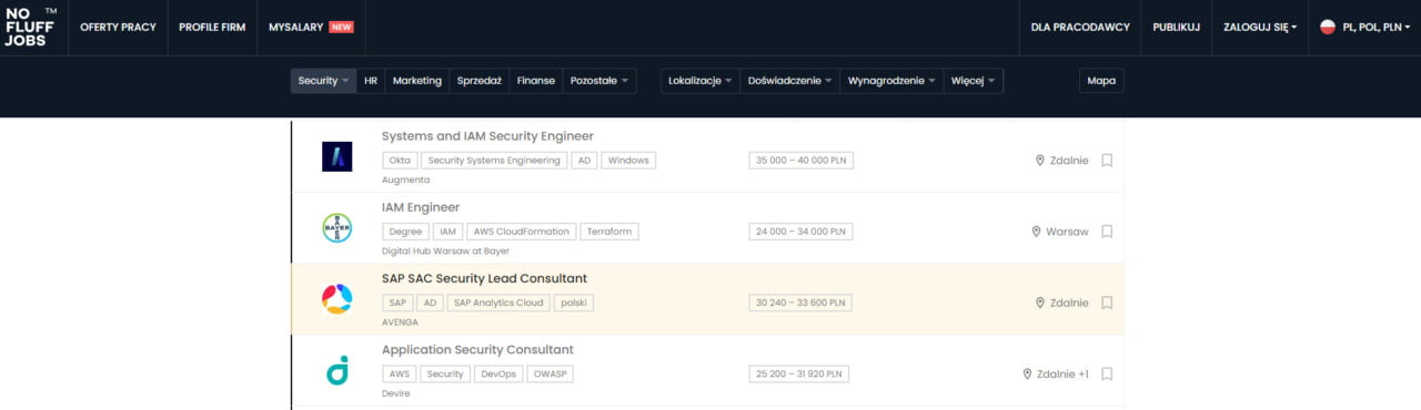 Jakie umiejętności są potrzebne by zarobki rosły - Lista ofert pracy na stronie No Fluff Jobs, zawierająca tytuły, technologie i wynagrodzenia różnych stanowisk w kategorii Security.