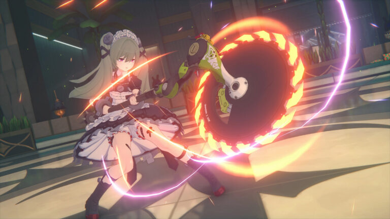 Postać z gry w stylu anime, ubrana w strój pokojówki, walcząca ogromną, świecącą bronią przypominającą piłę mechaniczną.