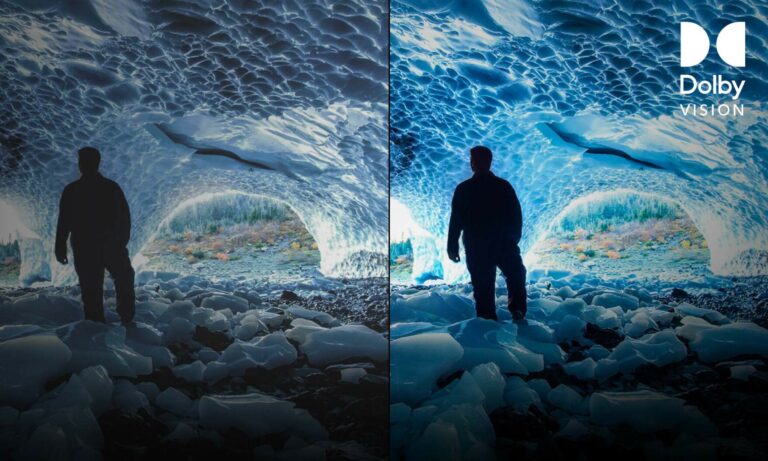 Dolby Vision. Mężczyzna stojący w lodowej jaskini, widok porównawczy obrazu ze standardowej jakości i Dolby Vision.