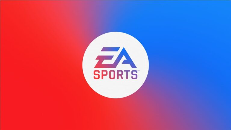 Logo EA Sports na tle gradientowym od czerwonego do niebieskiego.