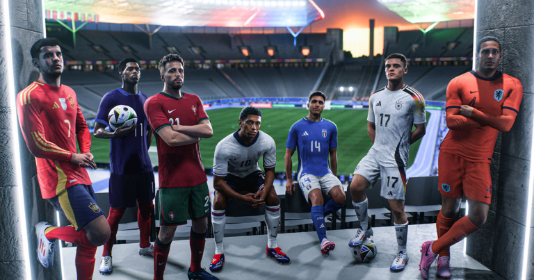 Siedmiu piłkarzy w strojach reprezentacyjnych różnych krajów stoi w tunelu stadionowym, w tle widać boisko piłkarskie. Grają w EURO 2024