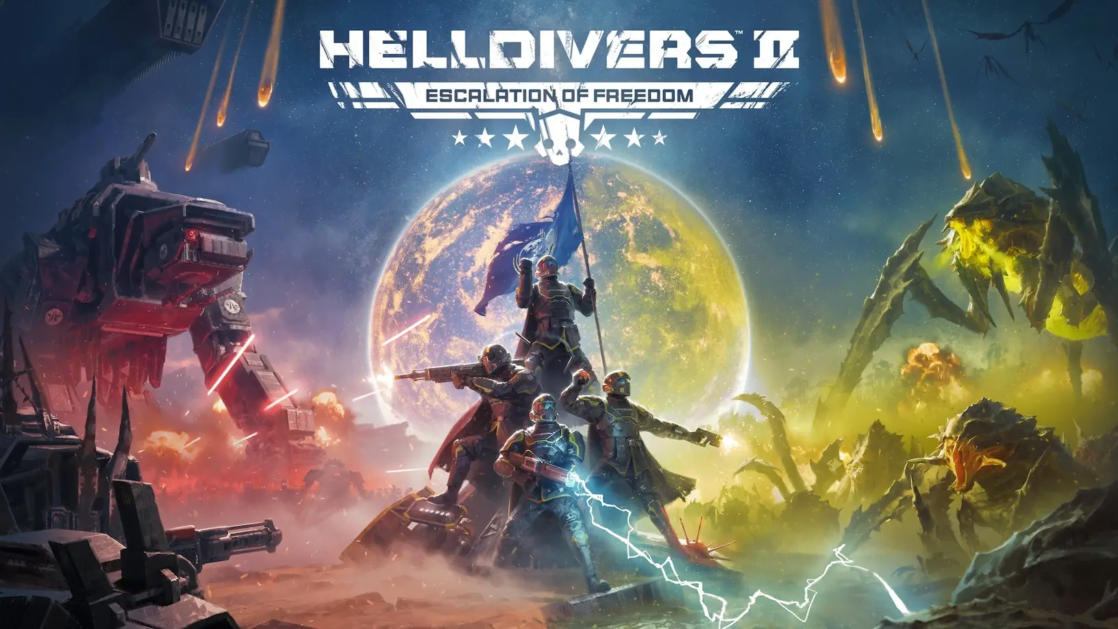 Okładka gry Helldivers 2: Escalation of Freedom, przedstawiająca grupę uzbrojonych żołnierzy walczących przeciwko ogromnym, kosmicznym stworom na tle planety.