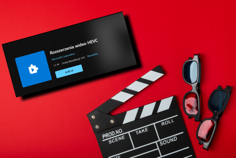 Aplikacja Microsoft "Rozszerzenia wideo HEVC" z ceną 4,49 zł, obok czarna klapsa filmowa i dwie pary okularów 3D na czerwonym tle.