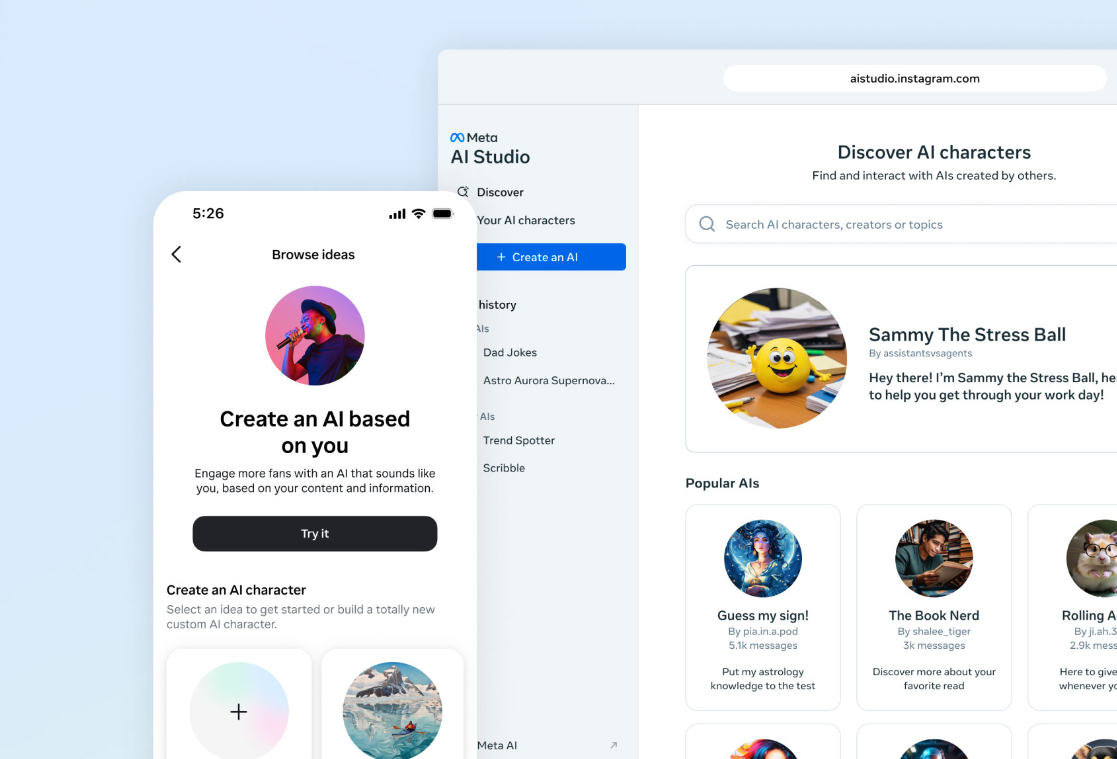 Strona internetowa oraz aplikacja Meta AI Studio z opcją tworzenia własnej sztucznej inteligencji i wyszukiwarką postaci AI. Instagram idzie coraz mocniej w AI.