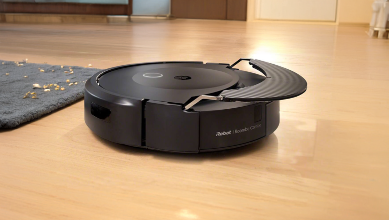 Odkurzacz automatyczny iRobot Roomba Combo na drewnianej podłodze obok dywanu.