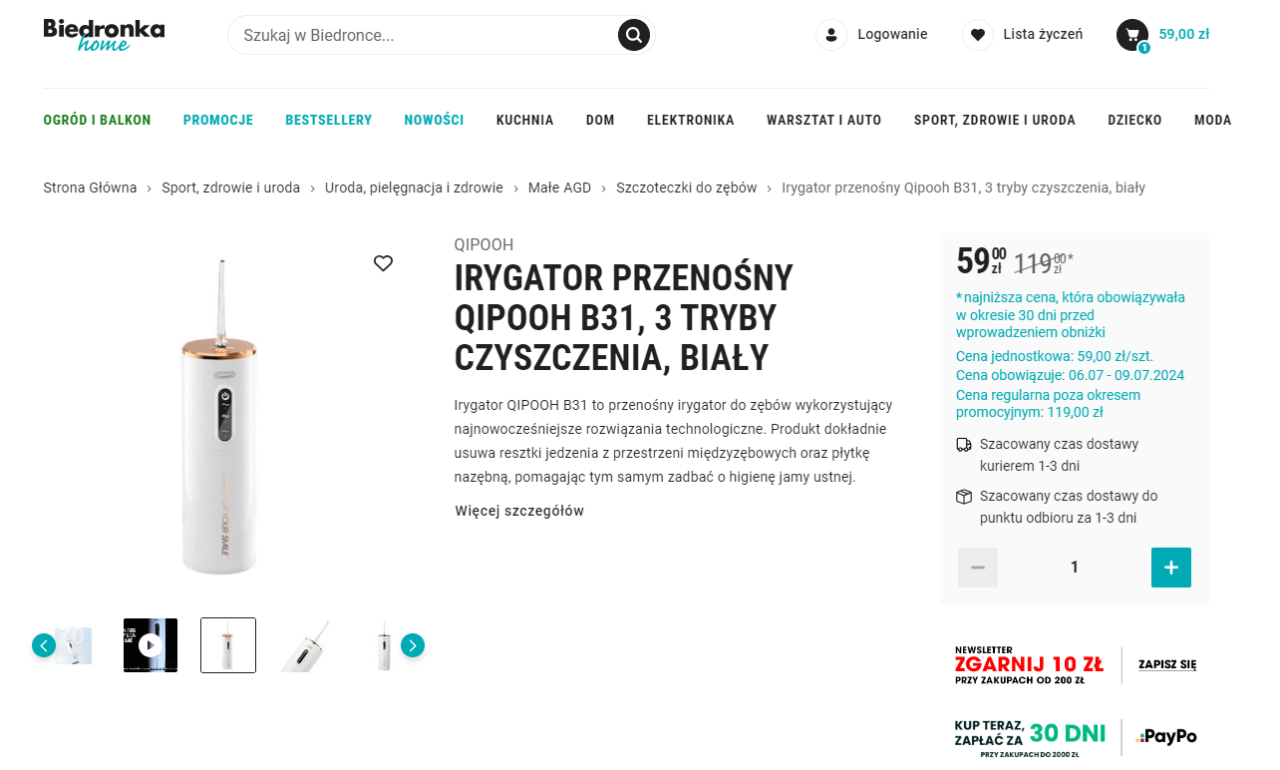 Irygator przenośny Qipooh B31, 3 tryby czyszczenia, biały, w sklepie Biedronka Home. Cena promocyjna: 59,00 zł. Dostępny w Biedronka Home