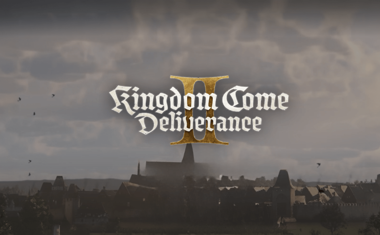 Logo gry "Kingdom Come: Deliverance II" na tle średniowiecznego miasta.