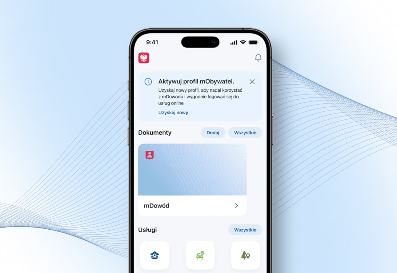 Ekran telefonu z aplikacją mObywatel, wyświetlającą dokument mDowód i dostępne usługi.