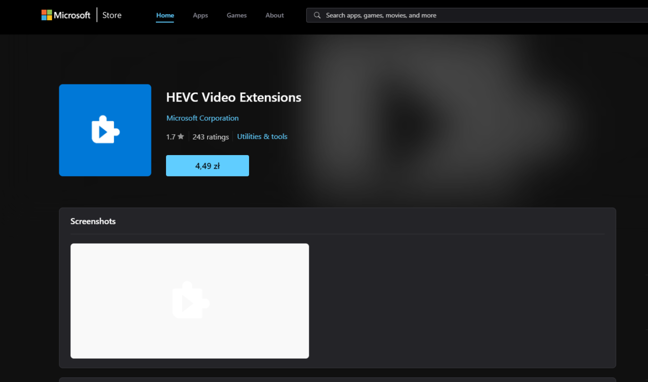 Microsoft Store strona dla rozszerzenia HEVC Video Extensions, cena 4,49 zł, ocena 1.7 na 243 opinie.