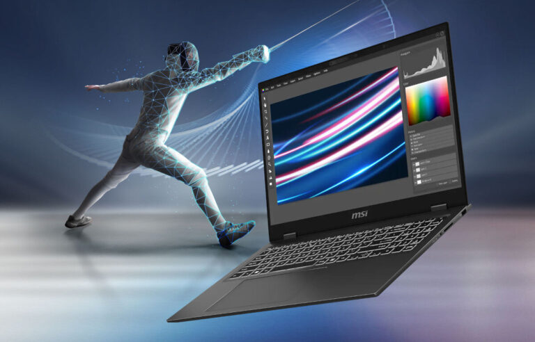 Nowoczesny laptop MSI z wyświetlaczem kolorowych linii, na tle postaci szermierza.
