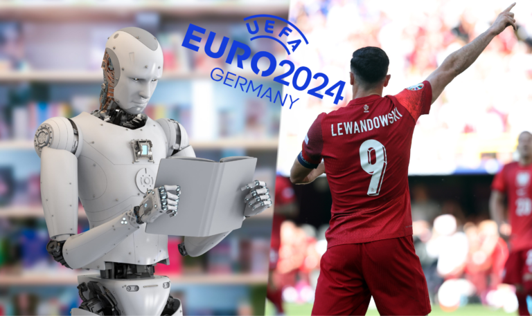 Robot czytający książkę, logo UEFA Euro 2024 w Niemczech oraz piłkarz z napisem "Lewandowski" na koszulce.