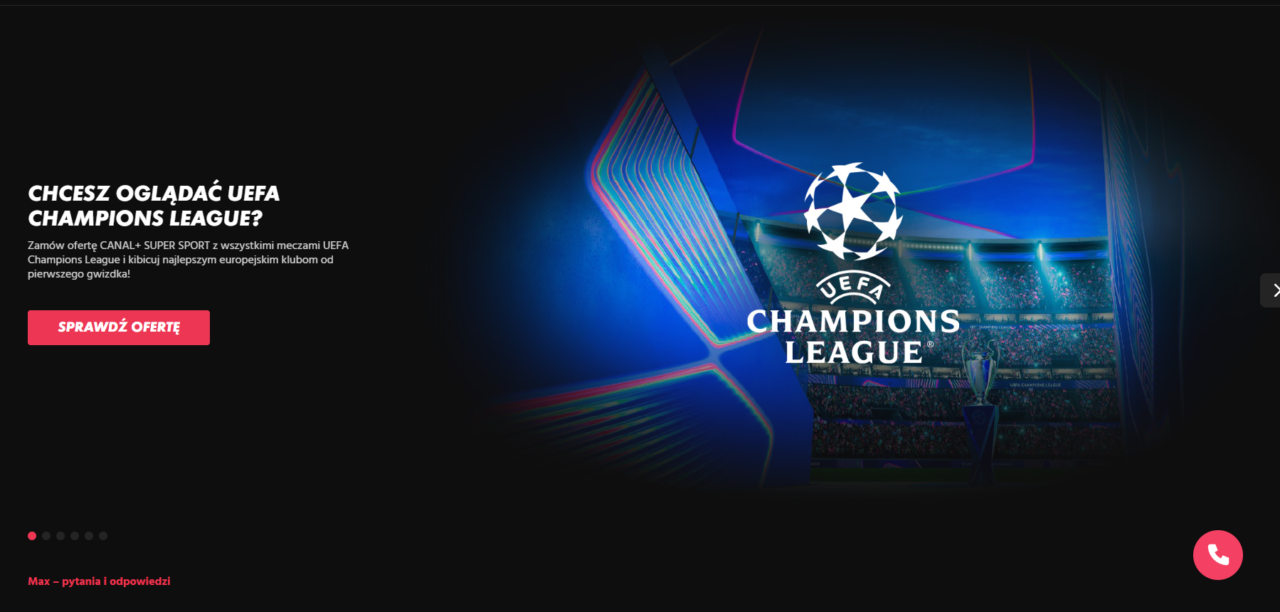 Grafika promująca ofertę CANAL+ SUPER SPORT z informacją o dostępności wszystkich meczów UEFA Champions League. Po prawej stronie logo UEFA Champions League i obraz stadionu, po lewej napis "CHCESZ OGLĄDAĆ UEFA CHAMPIONS LEAGUE? Zamów ofertę" oraz przycisk "SPRAWDŹ OFERTĘ".