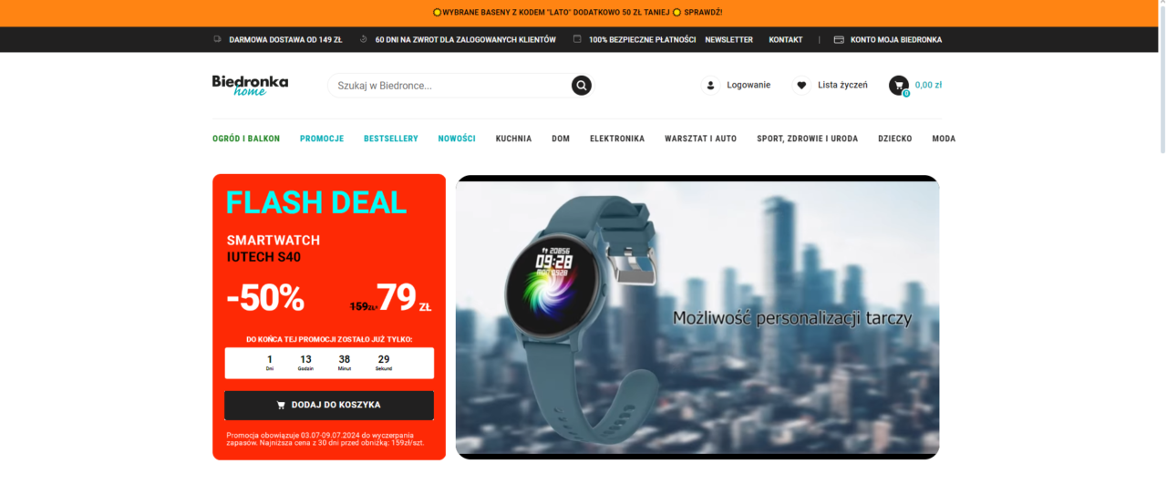 Promocja smartwatcha IUTECH S40 na stronie internetowej Biedronka Home, cena obniżona o 50% do 79 zł.