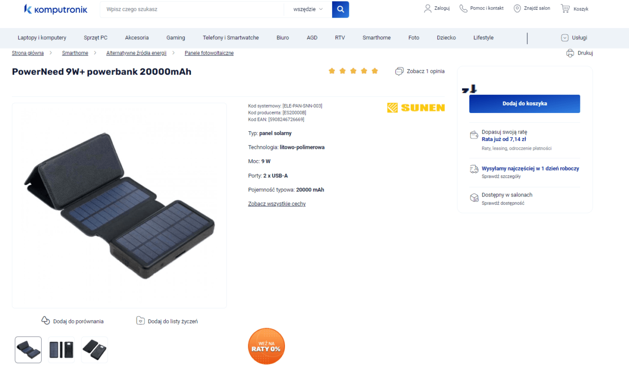 Fotowoltaiczny powerbank 20 000 mAh już od 7 złotych miesięcznie. PowerNeed 9W+ powerbank 20000mAh z panelem solarnym na stronie sklepu Komputronik.